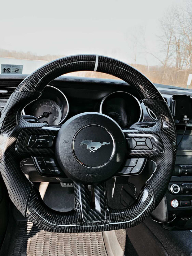 TopDall Carbon Fiber Steering Wheel 3D Sticker Cover Trim Button Control  Panel Decorative Compatible for Ford Mustang